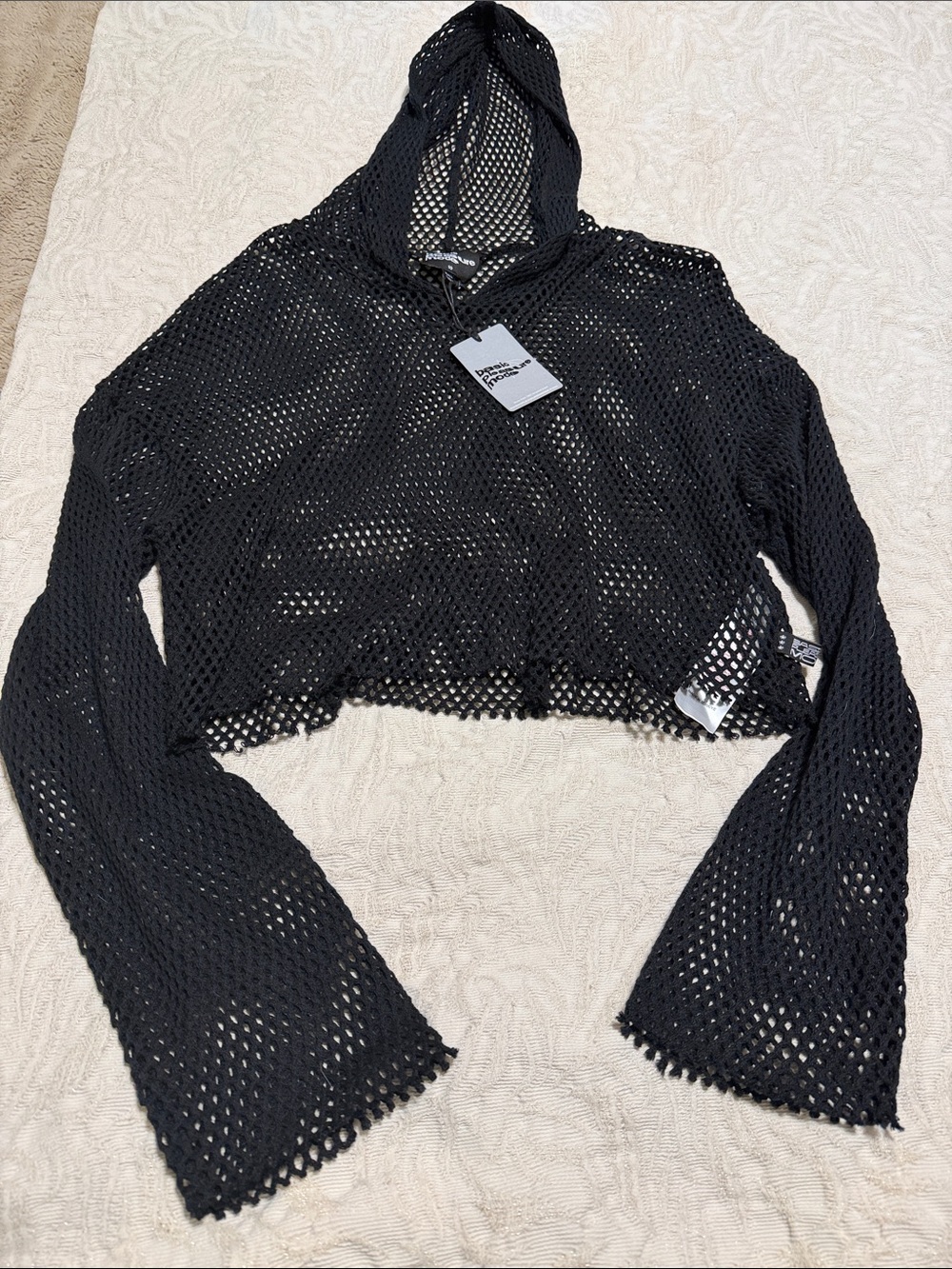 Basic Pleasure Mode chainmail cropped fishnet hoodie black size 10